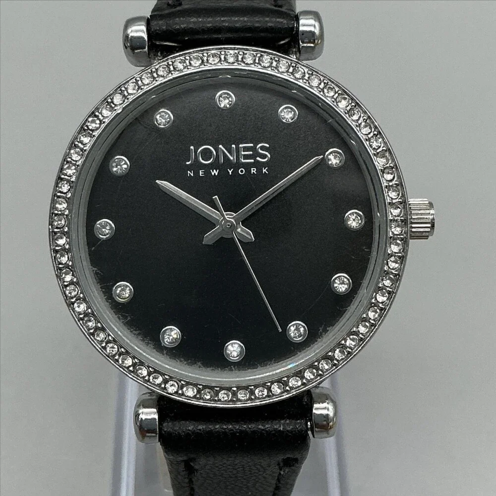 Jones New York 14986 Womens Watch 34mm Black Dial Leather Silver Tone New Batt
